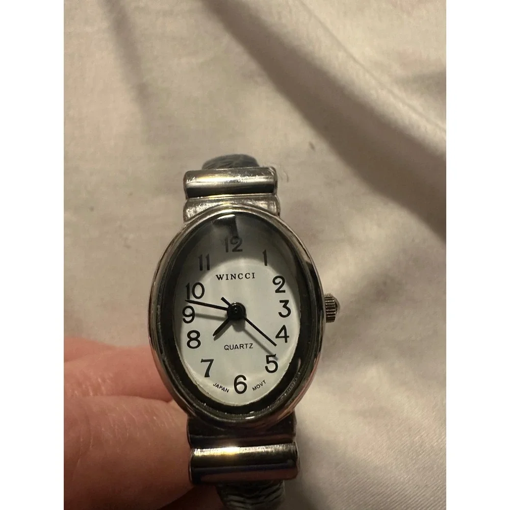 Wincci Quartz Watch Silver Tone Black Faux Leather Cuff Bracelet Japan‎ Movt